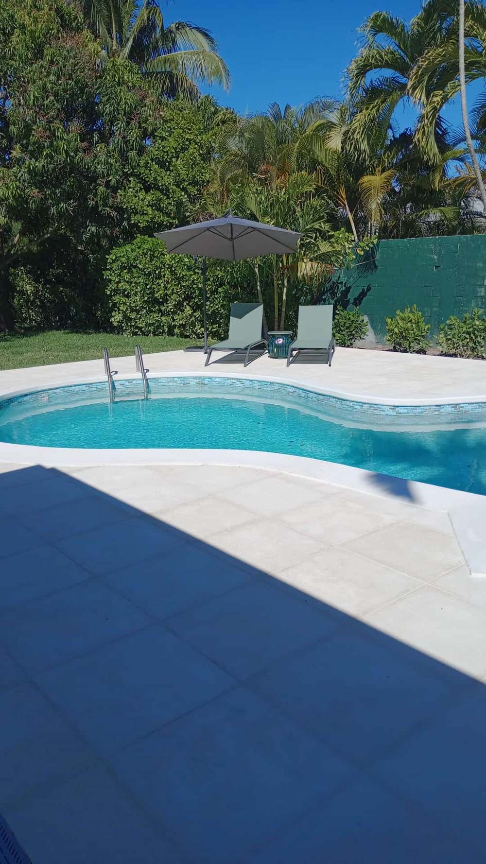 Curved pool with mosaic tile edge and travertine terrace under a clear sky.