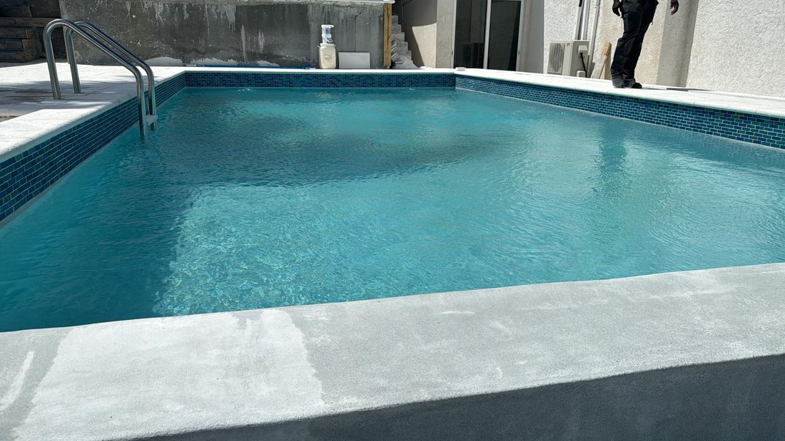 Pool finished in dark mosaic tile with a poured concrete surround.