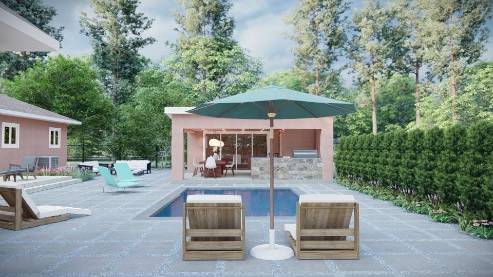 Design visual of a poolside cabana with covered dining, outdoor kitchen and terrace.